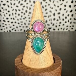 Sterling Silver Pink and Green Moonstone Two Stone Triple Band Ring Size 7